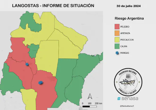 Al 10 de julio de 2024, el SENASA divulgó este mapa sobre la situación de presencia de langostas sudamericanas