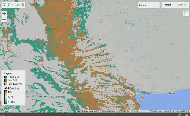 Esta imagen muestra parte de las provincias de La Pampa, Mendoza, Buenos Aires. Las <em>áreas en color verde azulado</em> muestran las ubicaciones probables de **ecosistemas dependientes de aguas subterráneas (GDE)