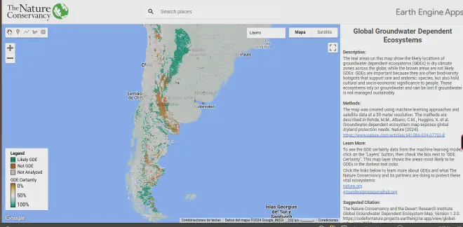 Aquí vemos Chile, Argentina, Uruguay, el sur de Brasil, Paraguay. Las <em>áreas en color verde azulado</em> en este mapa muestran las ubicaciones probables de **ecosistemas dependientes de aguas subterráneas (GDE)