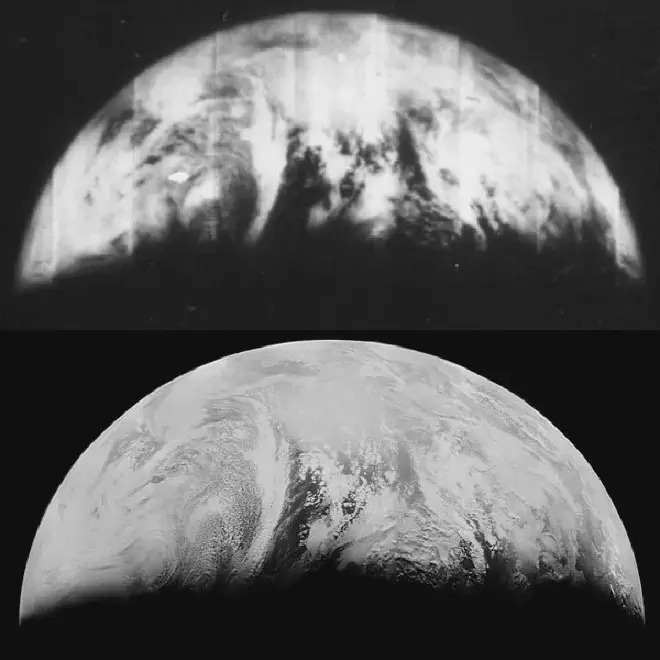 Esta es una comparación de la imagen original (arriba) hecha por Lunar Orbiter 1 en 1966 y una versión procesada digitalmente (abajo) publicada por la NASA en 2008