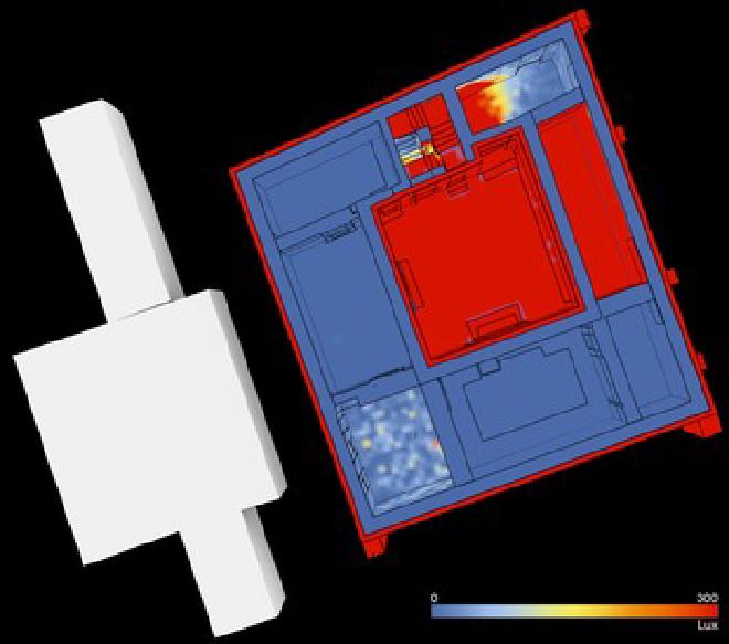 Simulación de iluminancia puntual del Edificio Cristiano (M8-A) antes de la adaptación (la orientación es el norte verdadero; parámetros de representación: julio de 243 CE, 15:30 horas, ventanas abiertas y puertas cerradas; escala: 0-300 lx). (Crédito de la imagen: Camille León Ángelo y Joshua Silver.)