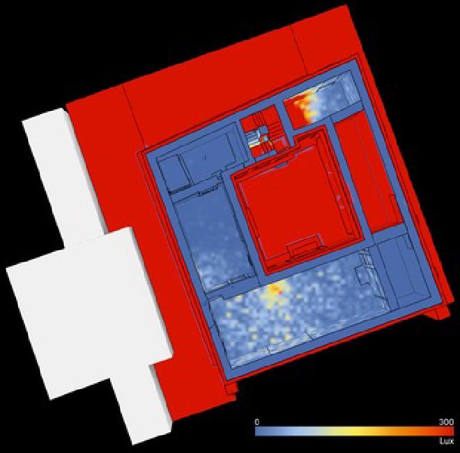 Simulación de iluminancia puntual del Edificio Cristiano (M8-A) después de la adaptación (la orientación es el norte verdadero; parámetros de representación: julio de 253 CE, 15:30 horas, ventanas abiertas y puertas cerradas; escala: 0-300 lx). (Crédito de la imagen: Camille Leon Angelo y Joshua Silver.)