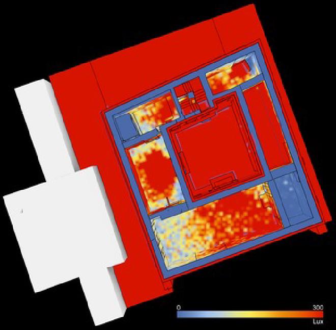 Simulación de iluminancia puntual del Edificio Cristiano (M8-A) después de la adaptación (la orientación es el norte verdadero; parámetros de representación: julio de 253 CE, 07:48 horas, ventanas y puertas abiertas; escala: 0-300 lx). (Crédito de la imagen: Camille Leon Angelo y Joshua Silver.)