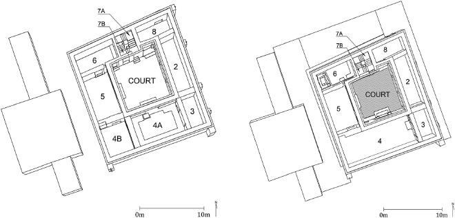 Perspectiva del plano del Edificio Cristiano (M8-A): (a) antes de su renovación para uso de la comunidad cristiana; (b) tras su renovación para uso de la comunidad cristiana