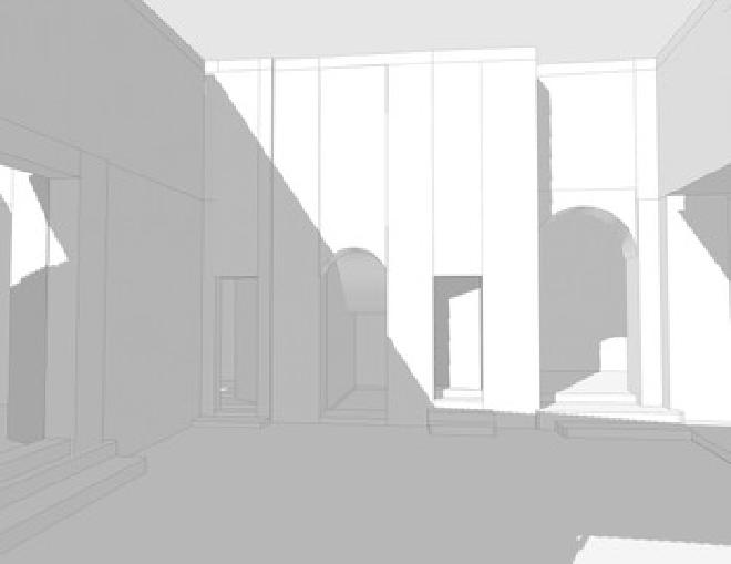 Representación esquemática del Edificio Cristiano (M8-A) antes de su adaptación. Vista desde la entrada de la Sala 4A mirando al noroeste a través del patio hacia (de izquierda a derecha) las Salas 6, 7B, 7A y 8