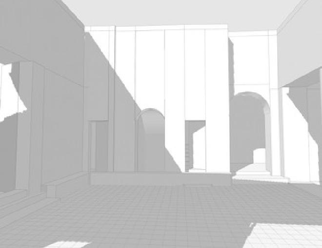 Representación esquemática del Edificio Cristiano (M8-A) tras su adaptación; Vista desde la entrada de la Sala 4 mirando al noroeste a través del patio hacia (de izquierda a derecha) las Salas 6, 7B, 7A y 8.