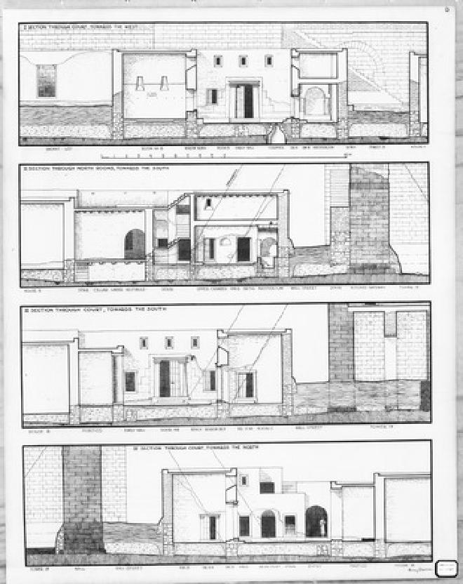 Edificio Cristiano, alzados de sección, restauración. (Dibujado por H. Pearson, Colección Dura-Europos, YUAG, neg. Yale-2219-01, cortesía de YUAG.)