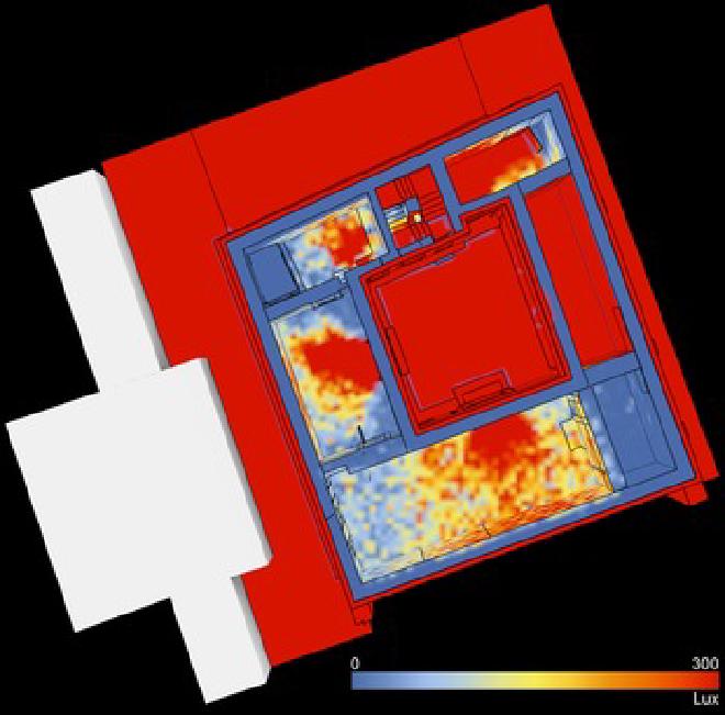 Simulación de iluminancia anual acumulada del Edificio Cristiano (M8-A) después de la adaptación (la orientación es el norte verdadero; parámetros de representación: año 253 era cristiana, ventanas y puertas abiertas; escala: 0-300 lx). (Crédito de la imagen: Camille Leon Angelo y Joshua Silver