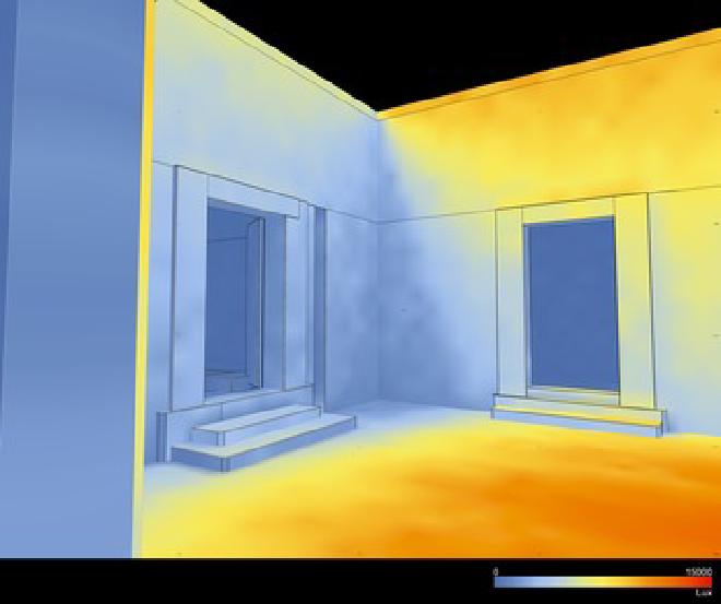 Simulación de iluminancia acumulada anual del Edificio Cristiano (M8-A) antes de la adaptación; vista desde la Sala 2, mirando al suroeste