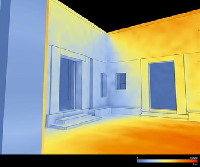 Simulación de iluminancia anual acumulada del Edificio Cristiano (M8-A) después de la adaptación; vista desde la Sala 2, mirando al suroeste