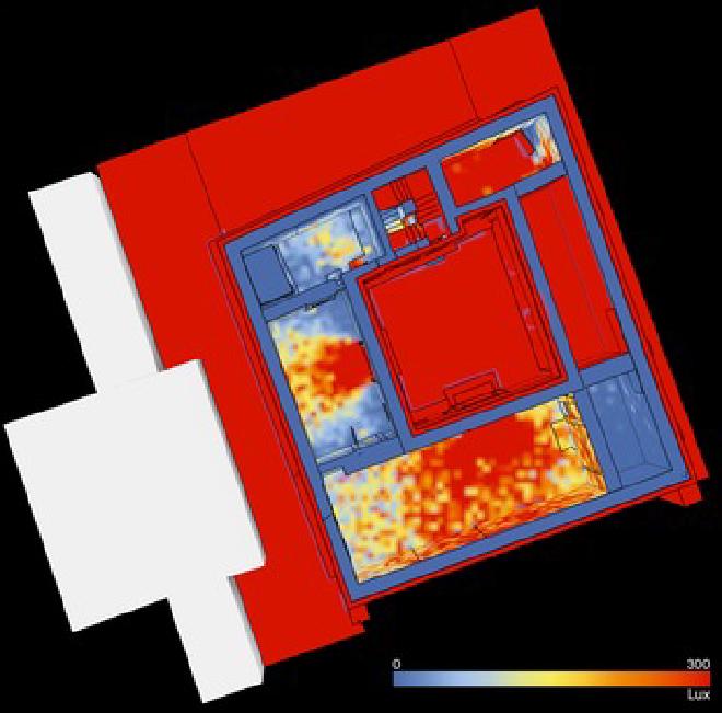 Simulación de iluminancia puntual del Edificio Cristiano (M8-A) después de la adaptación (la orientación es el norte verdadero; parámetros de representación: mes julio de 253 Era Cristiana, 15:30 horas, ventanas y puertas abiertas; escala: 0-300 lx). (Crédito de la imagen: Camille Leon Angelo y Joshua Silver.)