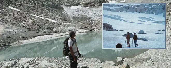 <strong>Glaciar Ice Worm en las montañas North Cascade de Washington, Estados Unidos, que estaba bajo seguimiento anual continuo desde 1984 en adelante y desapareció en 2023. Foto grande: Ubicación del antiguo glaciar Ice Worm el 13 de agosto de 2023. Foto del recuadro: Glaciar Ice Worm el 16 de agosto de 1986. Crédito de la imagen: Mauri Pelto</strong>