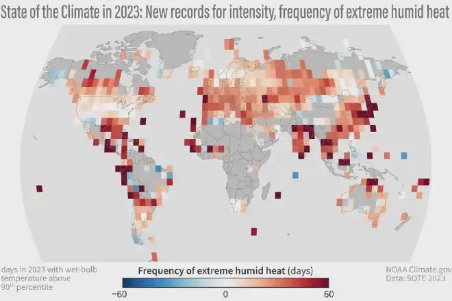 Este mapa muestra la frecuencia del calor húmedo extremo en todo el mundo en 2023 en comparación con el promedio de 1991-2023