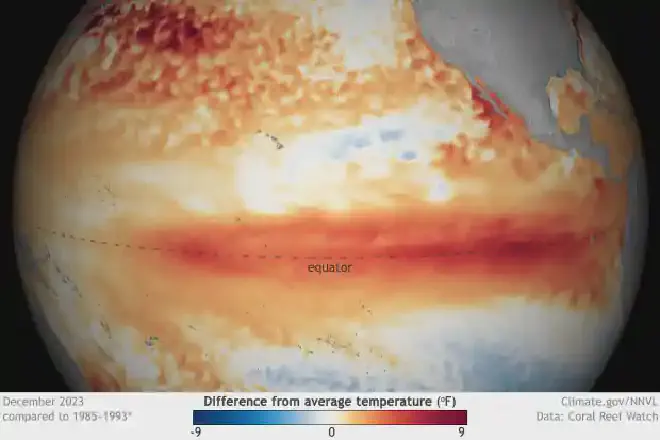 Las temperaturas de la superficie en el Océano Pacífico tropical en diciembre de 2023 en comparación con el promedio (1985-1993) muestran la franja de aguas más cálidas que el promedio a lo largo del Pacífico ecuatorial cerca del pico de El Niño