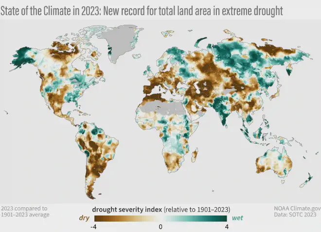 El mapa muestra el estado de la sequía alrededor del mundo en el 2023 según una escala llamada <em>Índice de sequía autocalibrado de Palmer</em>