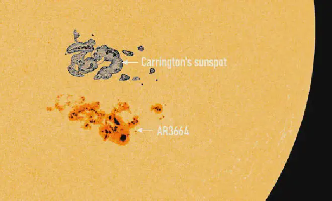 Comparación entre el boceto de Carrington de la mancha solar que generó un terrible impacto en 1.850 y la mancha solar actual AR3664