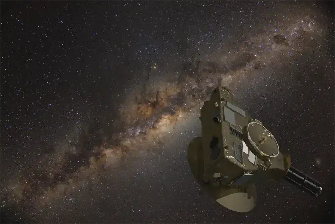 Impresión artística de la nave espacial New Horizons de la NASA con el telón de fondo del espacio profundo. A más de 7,3 mil millones de kilómetros de la Tierra, New Horizons está atravesando una región del sistema solar lo suficientemente alejada del Sol como para ofrecer los cielos más oscuros disponibles para cualquier telescopio existente, y para proporcionar un punto de vista único desde el cual medir el brillo general del universo distante. Crédito de la imagen: NASA/Johns Hopkins APL/Instituto de Investigación del Suroeste/Serge Brunier/Marc Postman/Dan Durda