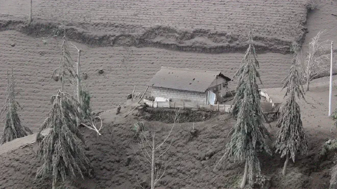 La caída de cenizas del volcán Tungurahua en Ecuador cubrió granjas cercanas en 2006. Crédito: P. Ramon, USGS