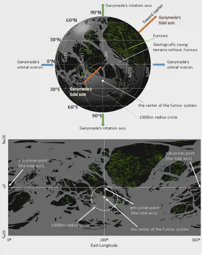 Distribución de los surcos y ubicación del centro del sistema de surcos mostrados en el hemisferio que siempre mira en dirección opuesta a Júpiter (arriba) y el mapa de proyección cilíndrica de Ganímedes (abajo). Las regiones grises representan terreno geológicamente joven y sin surcos. Los surcos (líneas verdes) existen sólo en terrenos geológicamente antiguos (regiones negras)