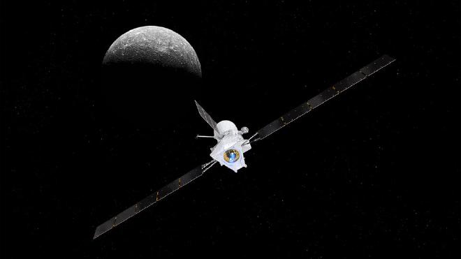 El Mercury Transfer Module (MTM) con sus propulsores de iones encendidos. Crédito de la imagen: ESA