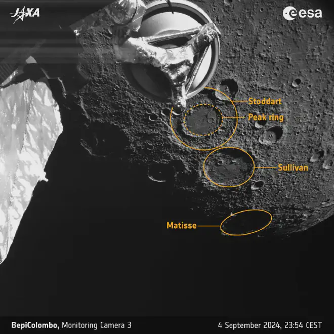 Vista del cráter Stoddart desde la M-CAM 3 a bordo de BepiColombo. Vemos el anillo de picos. Además, los cráteres Matisse y Sullivan. Crédito de la imagen: ESA-M-Cam 3