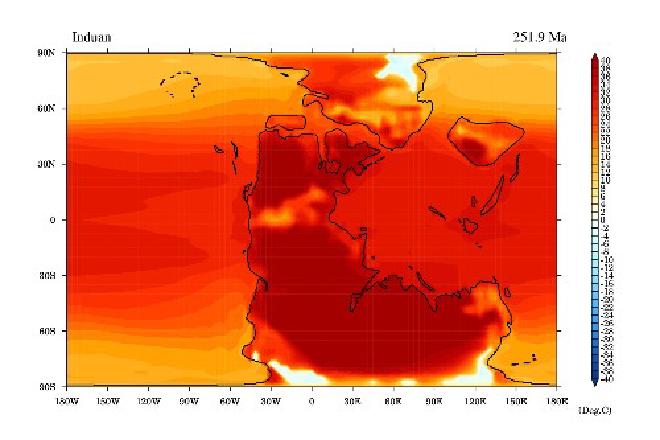 Temperatura de la superficie (°C) del mes más cálido durante el pico de calor de la extinción masiva del Pérmico-Triásico hace 252 millones de años. Crédito de la imagen: University of Bristol and China University of Geosciences (Wuhan)