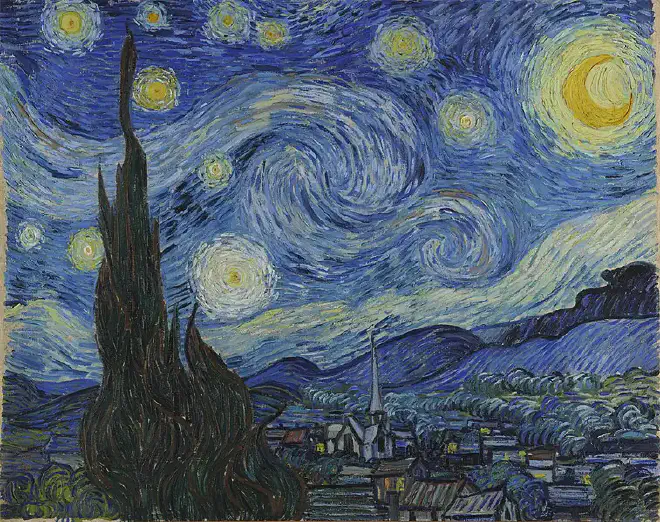 La noche estrellada, pintada por Vincent van Gogh en 1889 y nos muestra qué veía desde la ventana orientada al este de su habitación en el asilo en Saint-Rémy-de-Provence, justo antes del amanecer, con el añadido de un pueblo imaginario