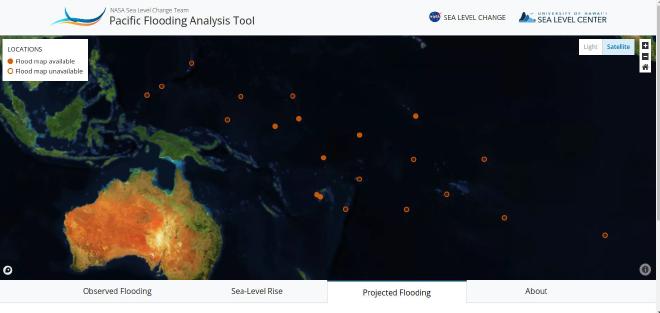 Captura de pantalla del sitio interactivo de los mapas en alta definición de las zonas que se inundarán en el Pácifico, a causa del cambio climático. Crédito de la imagen: NASA&rsquo;s Sea Level Change Team