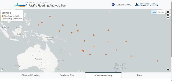 Indicaciones de las ubicaciones en las que existen mapas de las inundaciones, con puntos rojos, y los círculos donde esa información aún no existe. Crédito de la imagen: NASA&rsquo;s Sea Level Change Team