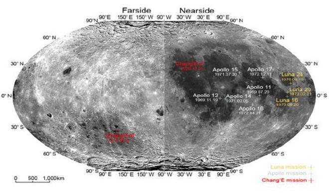 El mapa topográfico ilustra los lugares de aterrizaje de las misiones Chang&rsquo;E, las misiones Apolo y las misiones Luna. Crédito de la imagen: Observatorios Astronómicos Nacionales de la Academia de Ciencias de China