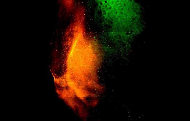 Una imagen en 3D de un microscopio muestra la convergencia de las entradas del transmisor dopaminérgico desde el área tegmental ventral (verde), una estructura del mesencéfalo asociada con la recompensa y la motivación, y las entradas glutamatérgicas del hipocampo ventral (rojo), un área profunda dentro del cerebro que ayuda con la navegación, hacia el núcleo accumbens. Crédito de la imagen: Kanghoon Jung