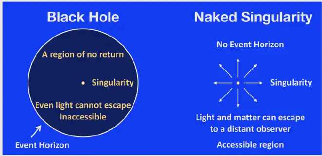 A cartoon of a black hole and a naked singularity. Either of them can be the end product of a gravitational collapse of matter, depending on initial and other conditions. For a black hole, nothing, not even light, can escape from within the event horizon. Therefore, the almost infinitely dense matter, that is the singularity, and its surrounding region are inaccessible to a distant observer. But, the singularity and its surrounding region are accessible for a naked singularity because it does not have an event horizon. Thus, naked singularities, if they exist, provide a unique opportunity to probe the quantum gravity near the singularity and other extreme aspects of physics in its surrounding region. Credit: Sudip Bhattacharyya