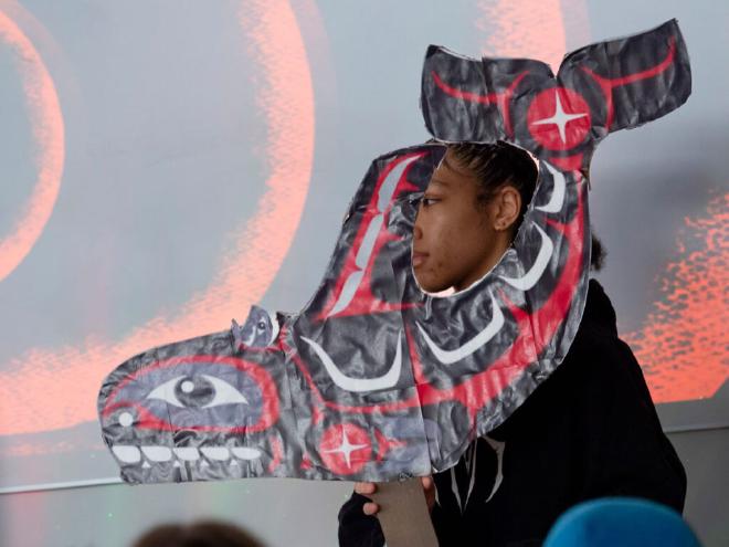 Aaliyah Chappell and her Coast Salish-style orca whale. Credit: UW