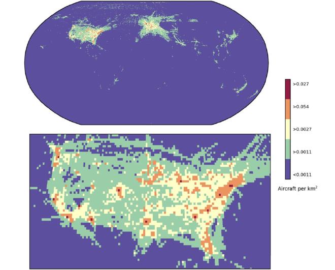 Densidad máxima de tráfico aéreo para cada cuadrícula observada el 1 de septiembre de 2023, separada por umbrales de densidad de tráfico aéreo, para todo el mundo y ampliada para EE. UU. Crédito: Wright et al, Nature Scientific Reports