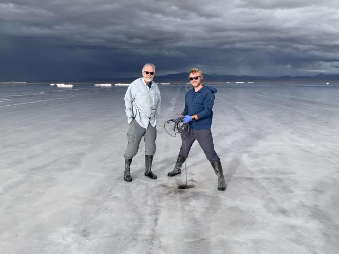 Avner Vengosh (left) and Gordon Williams collected lithium-brine samples from the Salar de Uyuni for chemical analysis. Photo courtesy of Avner Vengosh