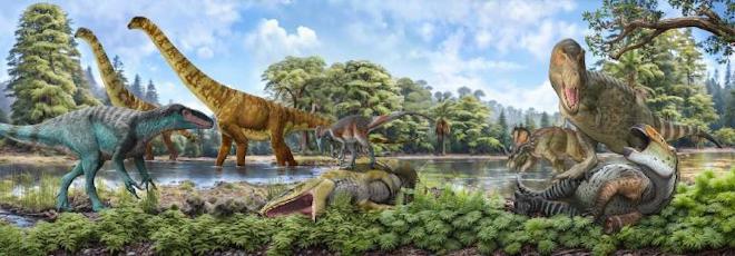 La ilustración muestra la disparidad de la evolución de las faunas terrestres del Cretácico en el hemisferio norte y sur después del Máximo Térmico del Cretácico. A la izquierda, el hemisferio sur del Cretácico Tardío (Gondwana occidental) fue dominado por terópodos megaraptóridos y saurópodos titanosaurios. El centro de la pieza resume el evento de extinción de la fauna terrestre en el Máximo Térmico del Cretácico, donde los superdepredadores los carcarodontosáuridos y los alosaurios se extinguieron y los tiranosauroideos (incluidos los megaraptor y los antepasados del Tyrannosaurus rex) eran pequeños. A la derecha, la fauna del hemisferio norte del Cretácico final dominada por tiranosáuridos (como el Tyrannosaurus rex), hadrosaurios y dinosaurios ornitisquios ceratopsianos. El ambiente también se volvió más mésico en comparación con el ambiente estacional más semiárido a principios del Cretácico. Crédito: Pedro Salas y Sergey Krasovskiy