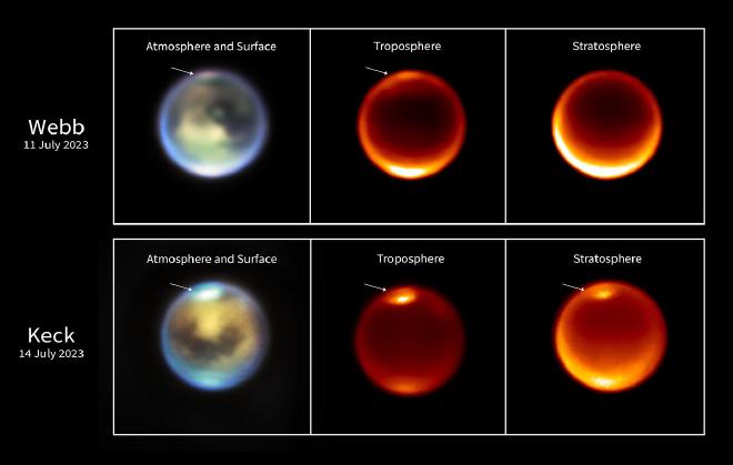 A six-panel graphic with two rows and three columns, showing infrared images of Saturn’s moon Titan. The top row is labeled “Webb, 11 July 2023” and the bottom row is labeled “Keck, 14 July 2023.” The leftmost images are labeled “atmosphere and surface.” They show a mottled globe of brown and yellow with a hazy blue edge. At the top, a white spot that is somewhat faint in the Webb image and brighter in the Keck image has an arrow pointing to it. The middle column is labeled “troposphere” and shows a dark orange globe with a brighter edge. The only features are bright spots near the top and bottom. The top spot is fainter in the Webb image and brighter in the Keck image, and has an arrow pointing to it. The rightmost images are labeled “stratosphere” and also show a dark orange globe with a brighter edge. The top image from Webb is otherwise featureless. The bottom image from Keck, taken three days later, has bright spots near the top and bottom. The top spot has an arrow pointing to it.These images of Titan were taken by the NASA/ESA/CSA James Webb Space Telescope on 11 July 2023 (top row) and the ground-based W.M. Keck Observatories on 14 July 2023 (bottom row). They show methane clouds (denoted by the white arrows) appearing at different altitudes in Titan’s northern hemisphere. On the left side are representative-colour images from both telescopes. In the Webb image light at 1.4 microns is coloured blue, 1.5 microns is green, and 2.0 microns is red (filters F140M, F150W, and F200W, respectively). In the Keck image light at 2.13 microns is coloured blue, 2.12 microns is green, and 2.06 microns is red (H2 1-0, Kp, and He1b, respectively). In the middle column are single-wavelength images taken by Webb and Keck at 2.12 microns. This wavelength is sensitive to emission from Titan’s lower troposphere. The rightmost images show emission at 1.64 microns (Webb) and 2.17 microns (Keck), which favour higher altitudes, in Titan’s upper troposphere and stratosphere (an atmospheric layer above the troposphere). It demonstrates that the clouds are seen at higher altitudes on July 14 than earlier on July 11, indicative of upward motion. Credit: NASA, ESA, CSA, STScI, Keck Observatory