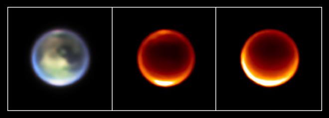 A three-panel graphic showing infrared Webb images of Saturn’s moon Titan. The left image shows a mottled globe of brown and yellow with a hazy blue edge. The middle and right images show a dark orange globe with a brighter edge, particularly on the bottom. These infrared-light images of Titan were taken by the NASA/ESA/CSA James Webb Space Telescope on 11 July 2023. They show methane clouds appearing at different altitudes in Titan’s northern hemisphere. On the left side is a representative-colour image (1.4 microns is coloured blue, 1.5 microns is green, and 2.0 microns is red: filters F140M, F150W, and F200W, respectively). In the middle is a single-wavelength image taken by Webb at 2.12 microns. This wavelength is predominantly emitted from Titan’s lower troposphere. The rightmost image shows emission at 1.64 microns, which favours higher altitudes, in Titan’s upper troposphere and stratosphere (an atmospheric layer above the troposphere). Credit: NASA, ESA, CSA, STScI, Keck Observatory