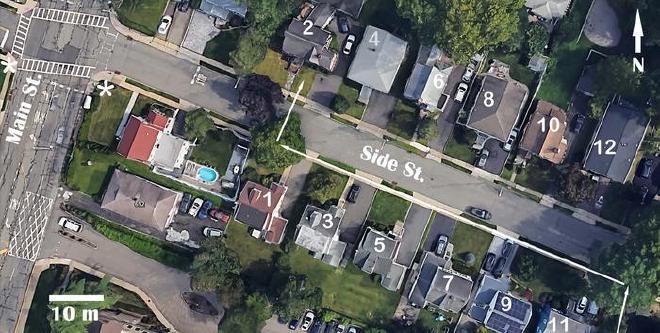 The study area. The route used by the hawk to attack a flock of birds feeding in front of house #2 is shown with white arrows. The hawk appeared in the tree in front of house #11 as soon as sound signals at the streetlight at the intersection (marked with white asterisks) indicated that red light will be longer than usual, and attacked when the queue of cars reached house #8, making it possible for the hawk to move to the tree in front of house #1 without being visible to potential prey. Image credit: Vladimir Dinets, 2025