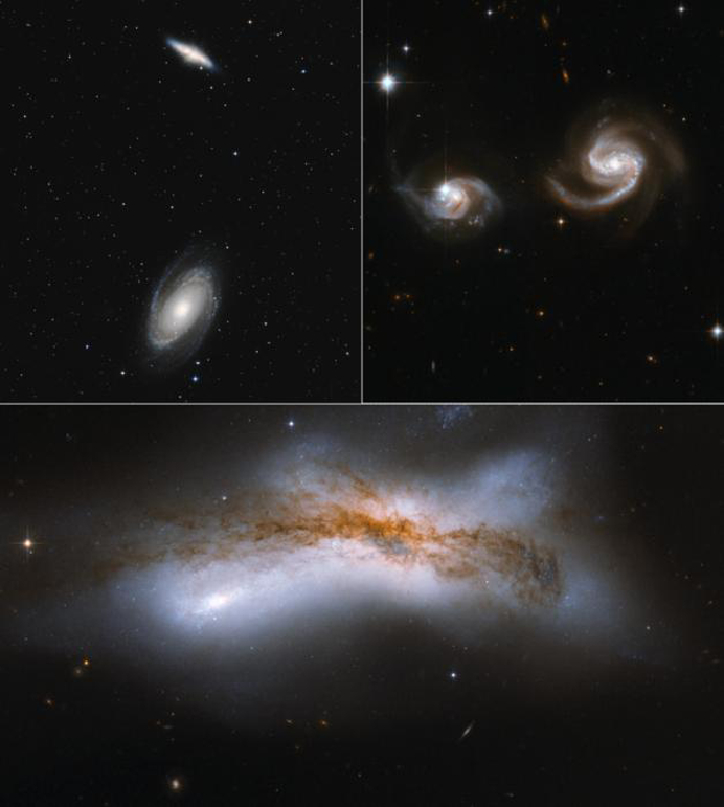 La Vía Láctea y Andrómeda se cruzan a una distancia de un millón de años luz. A 500.000 años luz, la materia oscura aporta fricción que acerca a las galaxias. Una separación de 100.000 años luz provoca una colisión. Crédito: NASA/ESA