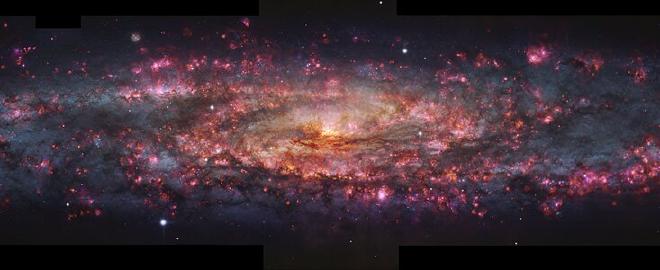 This image shows a detailed, thousand-colour image of the Sculptor Galaxy captured with the MUSE instrument at ESO’s Very Large Telescope (VLT). Regions of pink light are spread throughout this whole galactic snapshot, which come from ionised hydrogen in star-forming regions. These areas have been overlaid on a map of already formed stars in Sculptor to create the mix of pinks and blues seen here. Credit: ESO/E. Congiu et al.