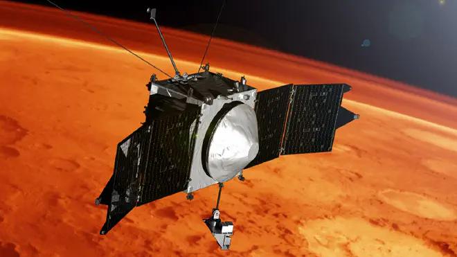 An artistic concept of NASA’s MAVEN spacecraft, has been orbiting Mars since 2014. Credit: NASA/GSFC