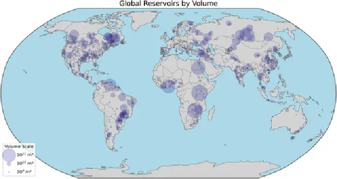 Ubicación de los embalses de agua en la base de datos de Hawley et al. Ubicación de 6862 embalses artificiales de agua en la base de datos adoptada en este estudio. El tamaño del símbolo es proporcional al logaritmo de la capacidad del embalse. Crédito de la imagen: Valencic et al.