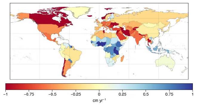 This figure shows the long-term terrestrial water storage trends from GRACE/FO averaged for every country (Feb 2003–April 2024). Credit: ASU