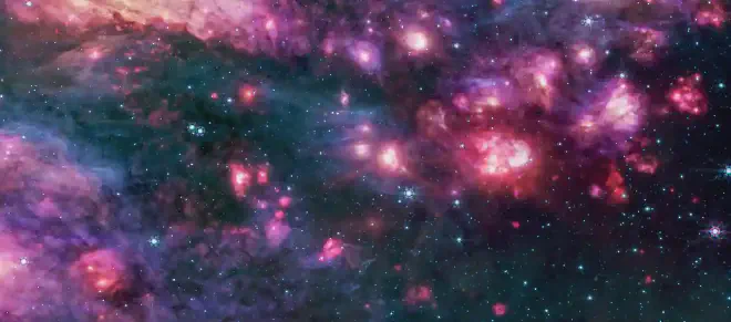 Webb’s MIRI (Mid-Infrared Instrument) shows the Sagittarius B2 (Sgr B2) region in mid-infrared light, with warm dust glowing brightly. Image credit: NASA, ESA, CSA, STScI, A. Ginsburg (University of Florida), N. Budaiev (University of Florida), T. Yoo (University of Florida). Image processing: A. Pagan (STScI)
