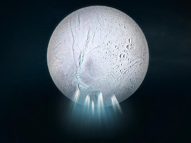 This artist’s impression shows Saturn’s icy moon Enceladus. With a frozen surface covering a deep ocean, Enceladus is a fascinating target to search for signs of habitability elsewhere in our Solar System. Jets of water burst from cracks close to the moon’s south pole, shooting ice grains into space. These ice grains carry organic molecules from Enceladus’s underground ocean, some of which are complex enough to reveal that advanced chemistry is taking place inside this ice world. Some of Enceladus’s secrets were already revealed by the NASA/ESA/ASI Cassini-Huygens mission. ESA is now studying a dedicated mission to Enceladus. Planned for launch in the 2040s, the mission would fly through the jets and even land on the moon’s south polar terrain to collect samples. Image credit: Graphic composition: ESA; Surface: NASA/JPL-Caltech/Space Science Institute/Lunar and Planetary Institute