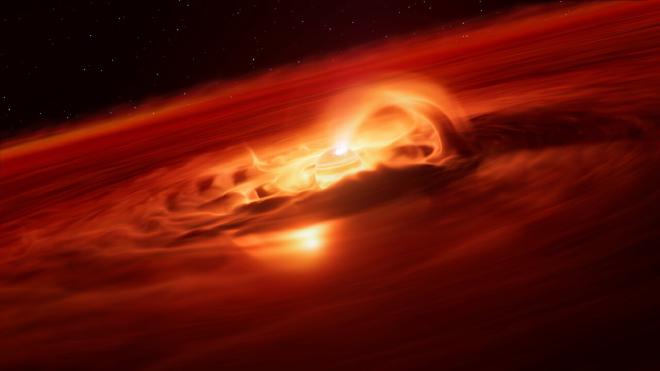 This artist’s impression shows Cha 1107-7626. Located about 620 light-years away, this rogue planet is about 5-10 times more massive than Jupiter and doesn’t orbit a star. It is eating up material from a disc around it. Using ESO’s Very Large Telescope (VLT), astronomers have discovered that it is now doing so at a rate of six billion tonnes per second –– the fastest ever found for any kind of planet. The team suspects that strong magnetic fields could be funnelling material towards the planet, something only seen in stars. When the infalling material reaches the planet it heats up its surface, creating a bright hot spot. The X-shooter spectrograph on ESO’s VLT detected a marked brightening in mid-2025, and found a clear fingerprint that this was caused by infalling gas. The observations show that the planet is now accreting matter about 8 times faster than a few months before. Credit: ESO/L. Calçada/M. Kornmesser