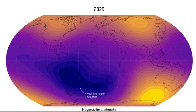 El aumento del punto débil en la Anomalía del Atlántico Sur captado en 2025 por la constelación de satélites Swarm, de la Agencia Espacial Europea