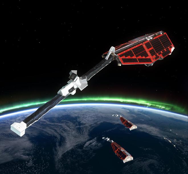 Recreación artística de la constelación de satélites Swarm. Imaginemos que los satélites deben trabajar coordinados para obtener los datos que los científicos comparten en sus artículos y estudios. Crédito de la imagen: ESA