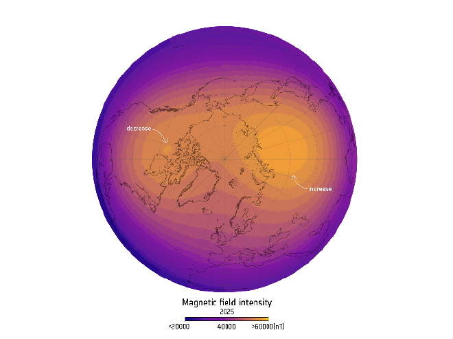 Cambios en el fuerte campo magnético sobre Canadá y Siberia. Crédito de la imagen: ESA